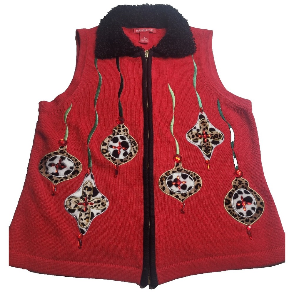 Merry & Bright Christmas Full Zip Vest Removable Collar Women's Medium